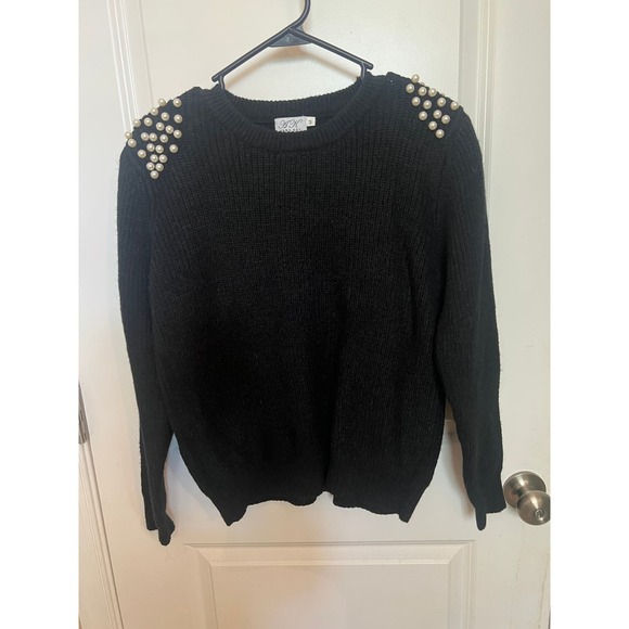 ANNA KAY Women's Pearl Bead Pullover Black Padded shoulders Sweater M casual - Picture 2 of 6
